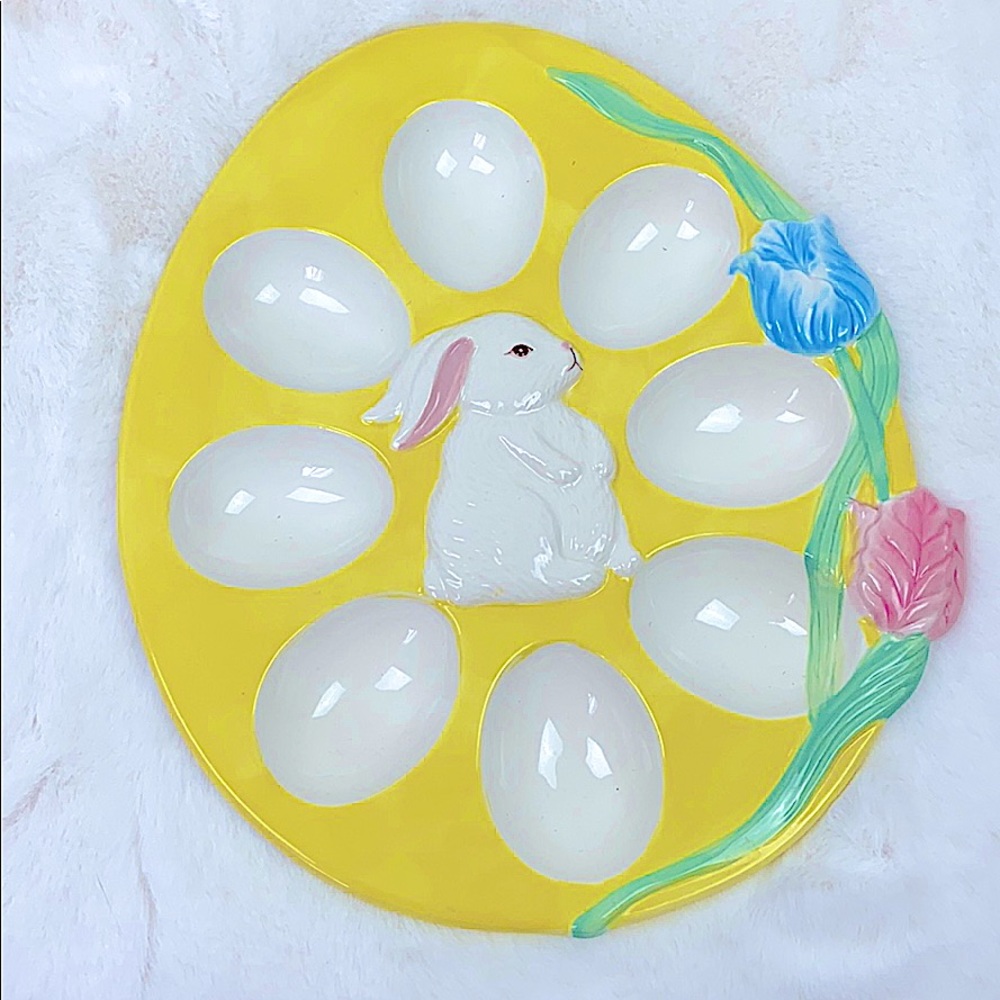 Decorative Easter yellow bunny plate dish 8 eggs holder table decor Pier 1
